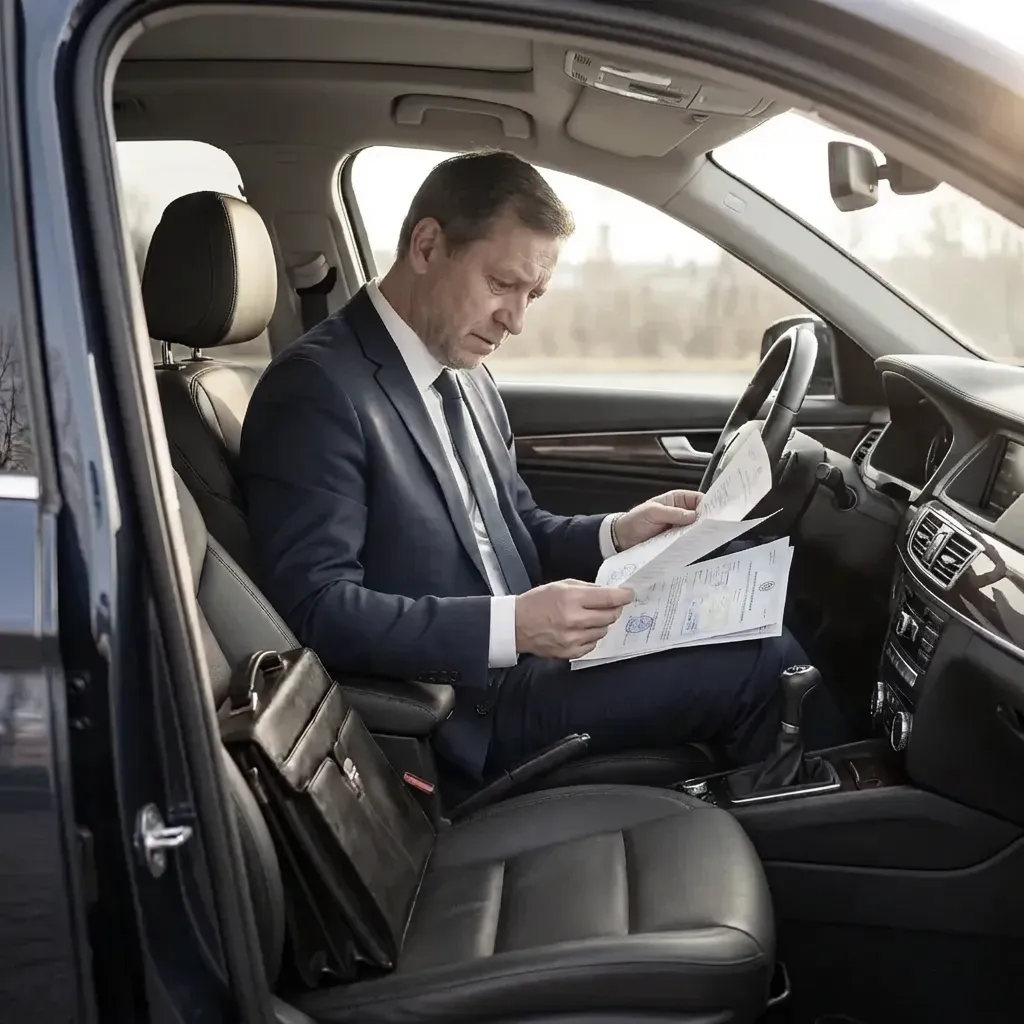 Mężczyzna siedzący w samochodzie analizuje dokumenty po wypadku, zaniepokojony sytuacją i formalnościami związanymi z odszkodowaniem.