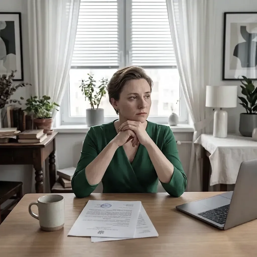 Zaniepokojona osoba analizująca dokumenty spadkowe i sprawy majątkowe